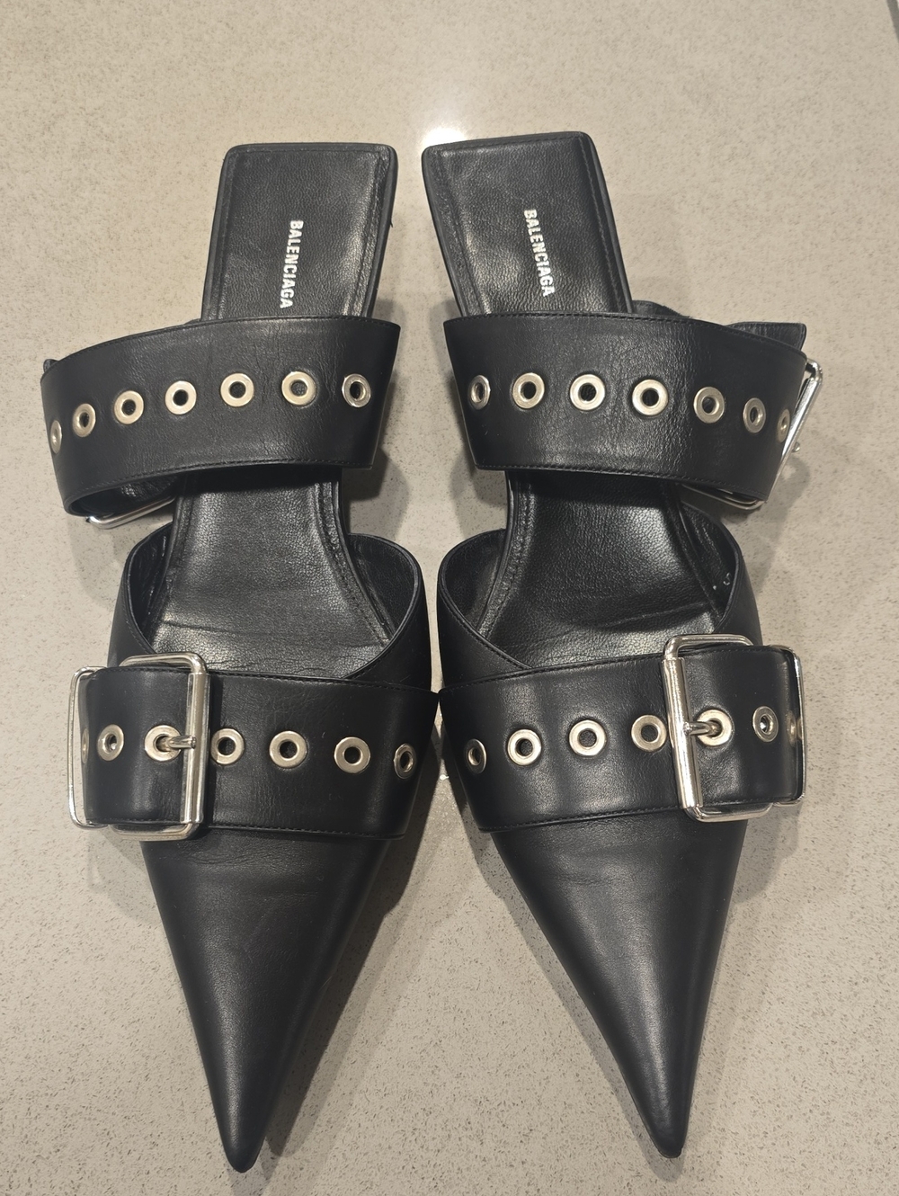 Balenciaga Black Pointed Buckle Slide Kitten Metal Heel Mules w/Grommet Straps